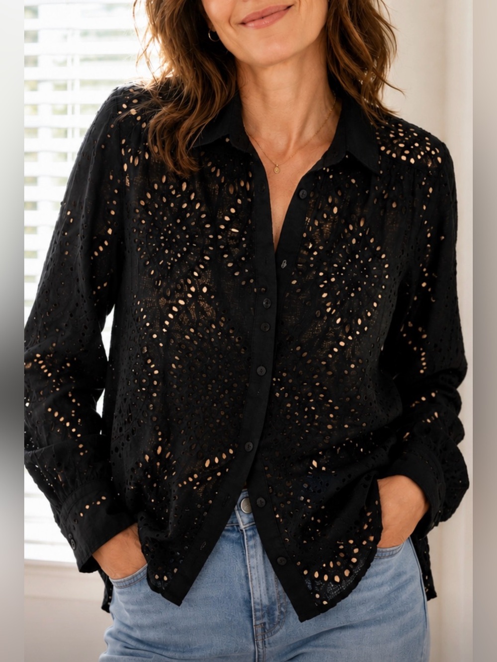 Black Eyelet Button-Down Shirt Like New Large